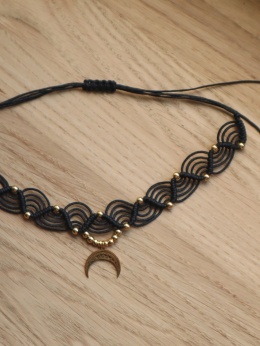 Choker Makramowy Lunula Talisman Czarny Złoty/Srebrny