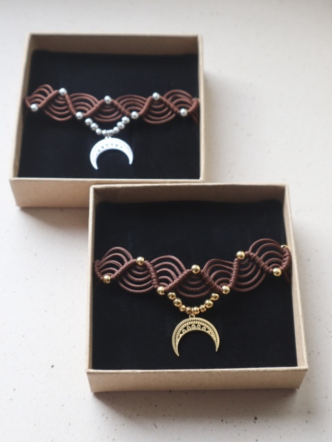 Choker Makramowy Lunula Talisman Brązowy - wersja srebrna