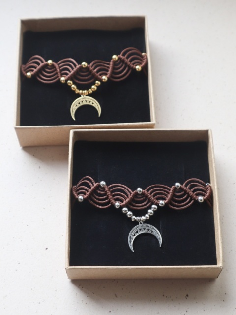 Choker Makramowy Lunula Talisman Brązowy - wersja srebrna