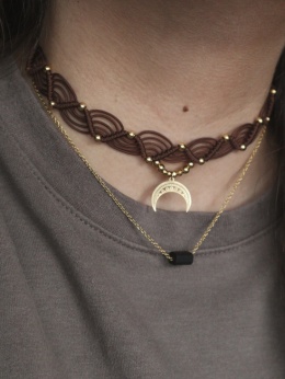 Choker Makramowy Lunula Talisman Brązowy Złoty/Srebrny