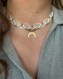 Choker Makramowy Lunula Talisman Kremowy Złoty/Srebrny